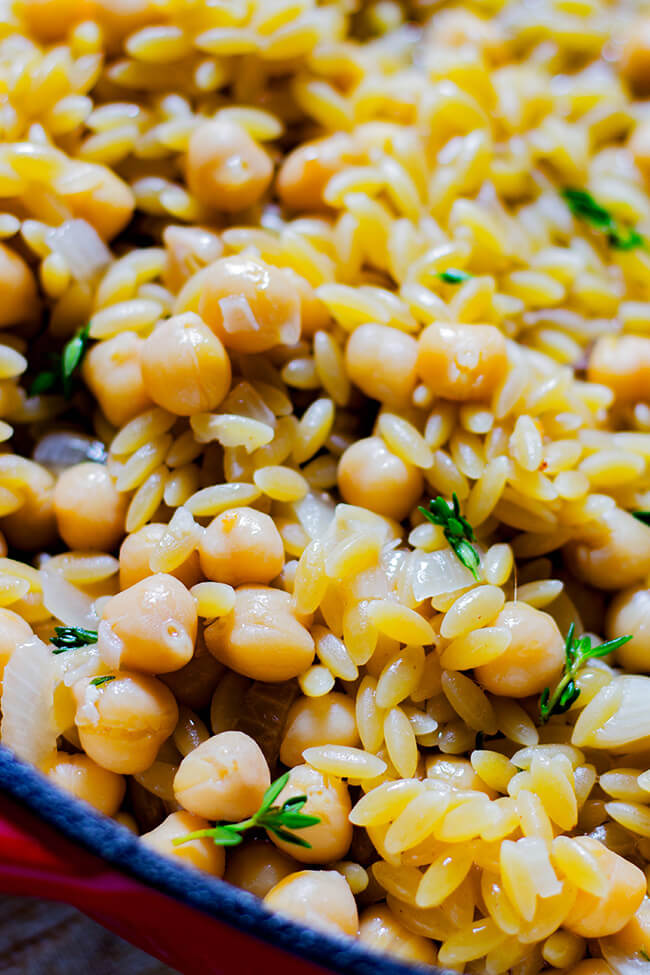 One pot Chicken Chickpeas and Orzo has tons of protein and fiber but without that wretched diet feel. It was the perfect light but filling 30 minute dinner.