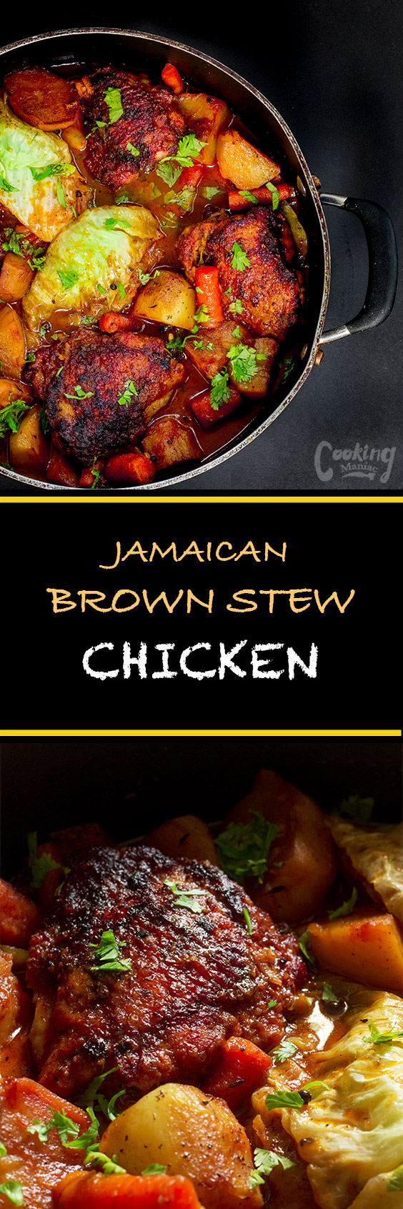 Jamaican brown stew chicken is perhaps as common of a dish as jerk chicken. The chicken and vegetables are slow braised so they are tender and flavorful.