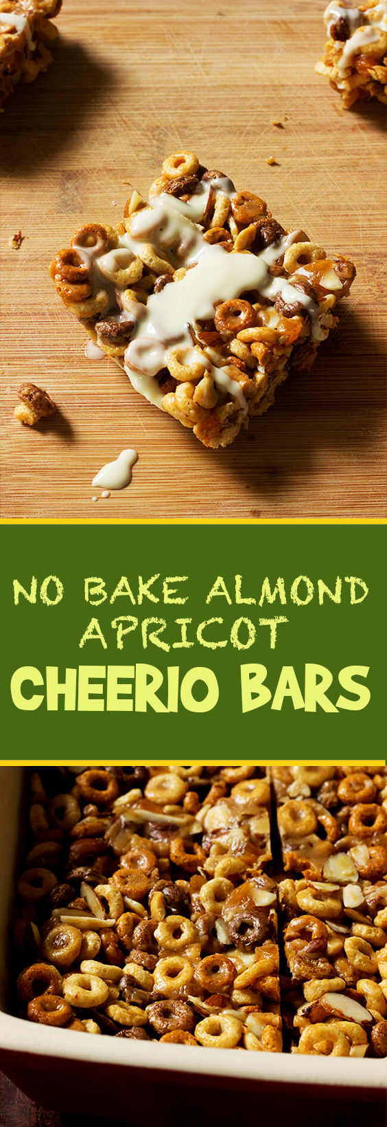 No Bake almond apricot Cheerio Bars has everything to fuel my day: Chocolate, peanut butter, almonds and multi-grain cheerios. Have in as a bar or in milk!