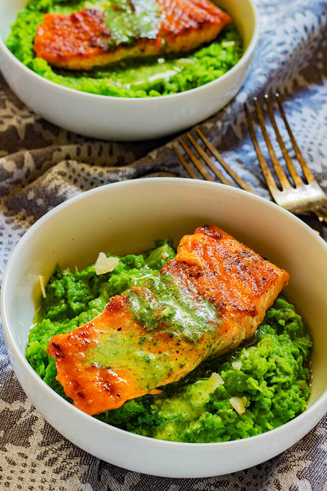 This easy Pan-Fried Salmon and Pea Puree recipe is quickly becoming a dependable weeknight staple. Creamy and Fresh pea puree is topped with crispy salmon.