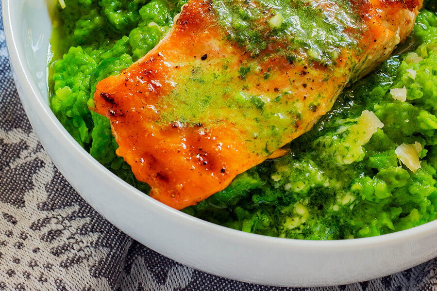 This easy Pan-Fried Salmon and Pea Puree recipe is quickly becoming a dependable weeknight staple. Creamy and Fresh pea puree is topped with crispy salmon.