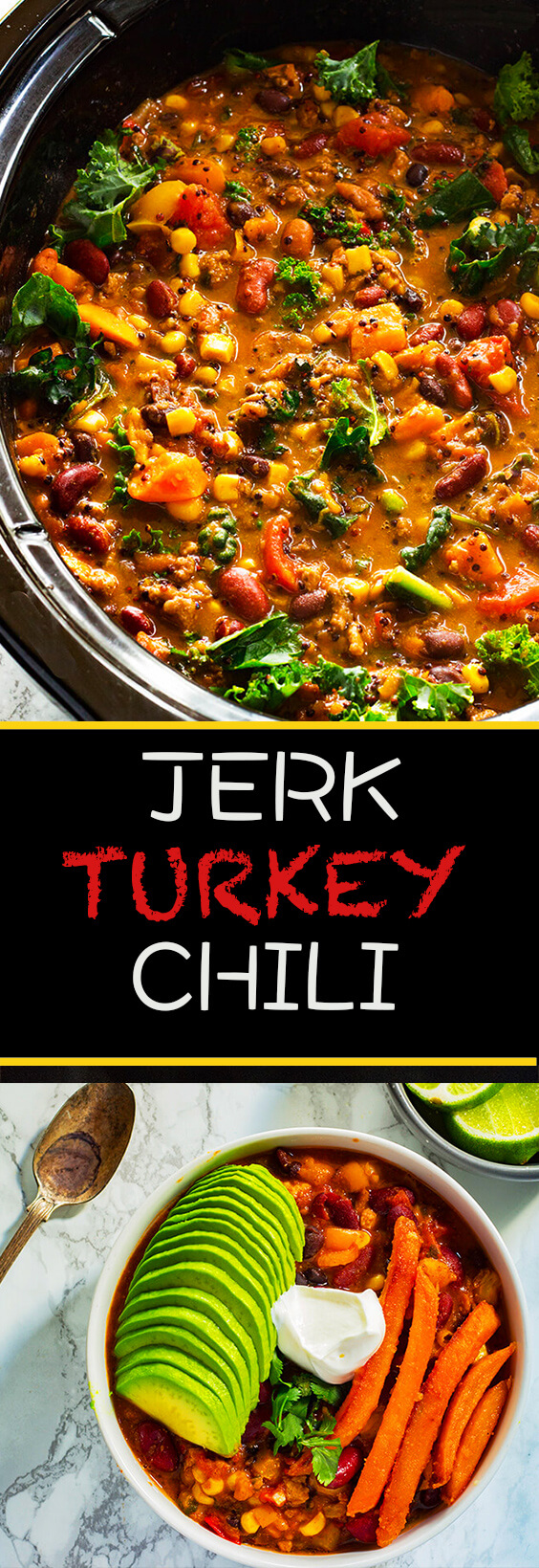 This Slow- Cooker Jerk Turkey Chili recipe is the perfect weeknight dinner. It has the right amount of spice to add some excite everyone. make it today.