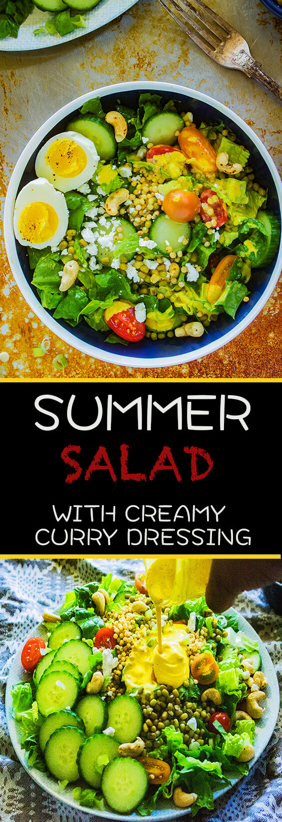 This Summer Harvest Sorghum Salad recipe has sweet ripe tomatoes, crisp lettuce creamy goat cheese & toasted cashews covered in creamy curry dressing.