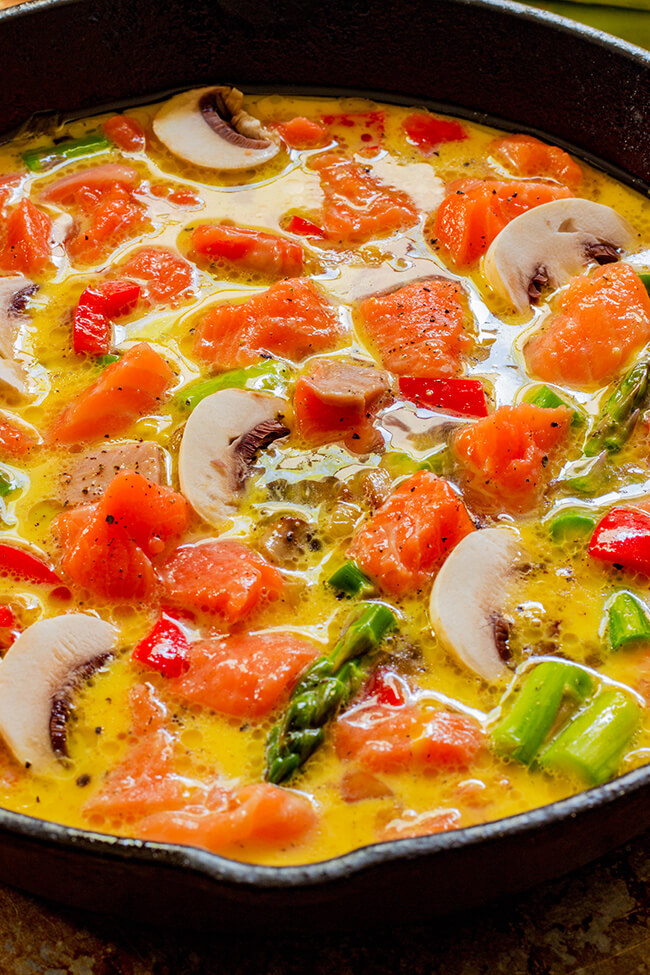This Salmon Asparagus Mushroom Frittata recipe is perfect for brunch or a quick almost lazy dinner option. 