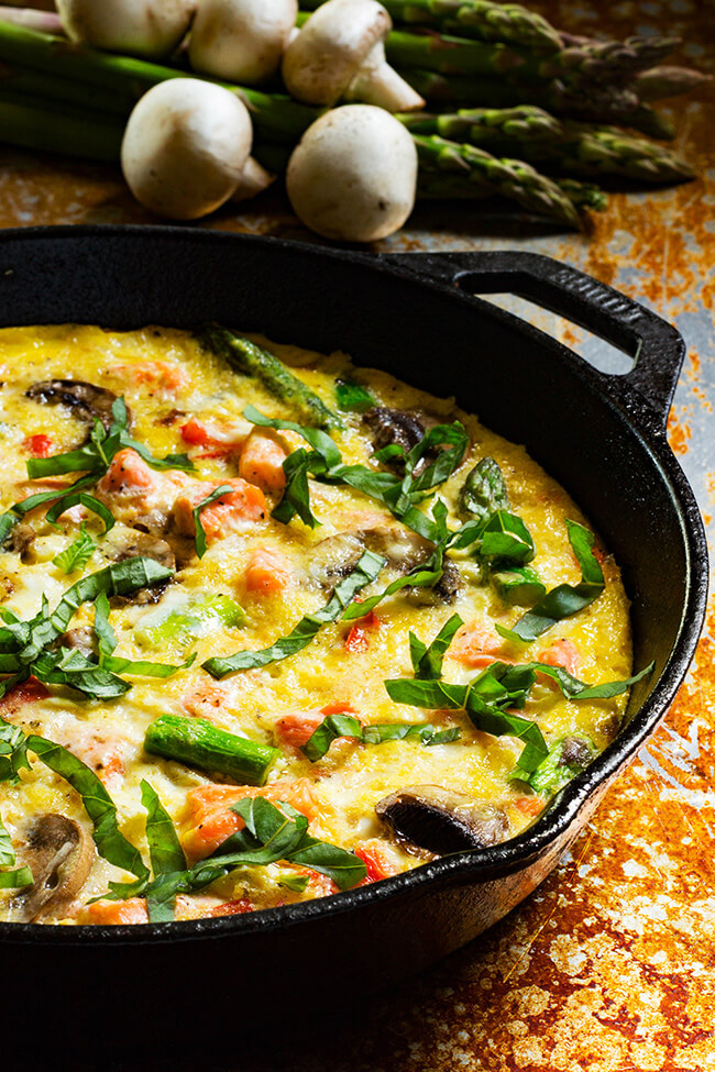 This Salmon Asparagus Mushroom Frittata recipe is perfect for brunch or a quick almost lazy dinner option. 