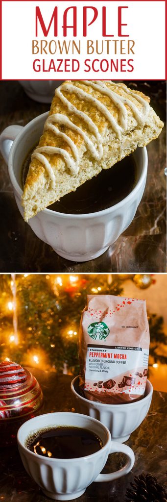 These Maple Brown Butter Glazed Scones are simple, delicious, and the ultimate cozy morning treat with a mug of hot Starbucks® Peppermint Mocha Flavored Ground Coffee. #AD #SavorHolidayFlavors 